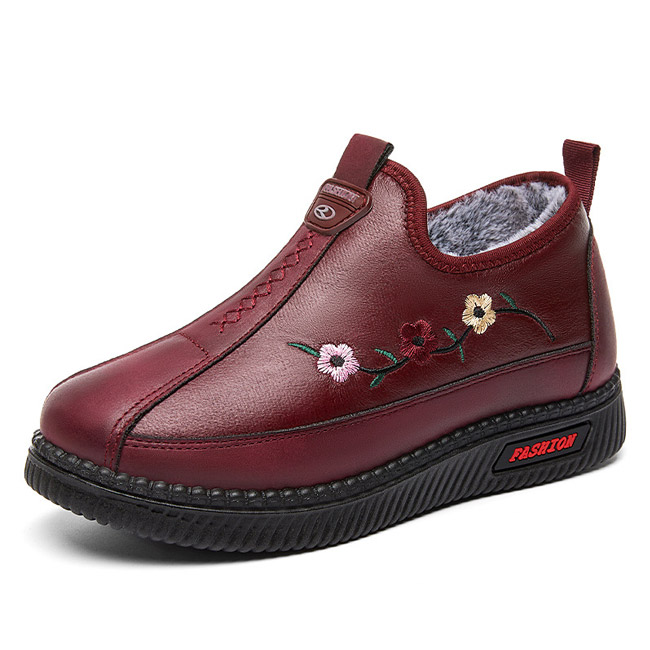 送料無料 コンフォートレディース ボア 裏起毛 合皮 PU 柔らかい 防滑 秋冬 スリッポン 軽量 衝撃吸収 防寒 暖かい 花柄 快適 耐摩耗 