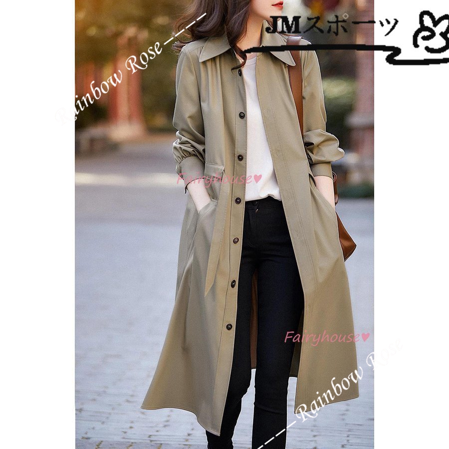 トレンチコート レディース 40代 ロング丈ジャケット 春コート カーキアウター 韓国風 バーカー 30代 50代 秋服 ゆったり 大きいサイズ 
