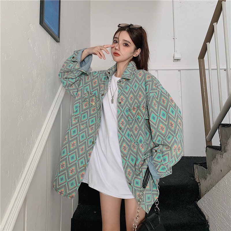 オルティガ チマヨ柄 デニム ジャケット ジージャン 韓国 ストリート ダンス衣装 HIPHOP オルチャン レディース 原宿系 Y2K 