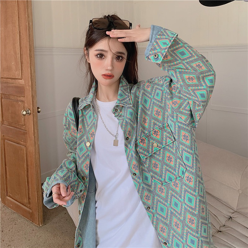 オルティガ チマヨ柄 デニム ジャケット ジージャン 韓国 ストリート ダンス衣装 HIPHOP オルチャン レディース 原宿系 Y2K 