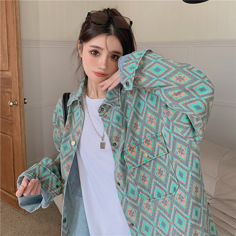 オルティガ チマヨ柄 デニム ジャケット ジージャン 韓国 ストリート ダンス衣装 HIPHOP オルチャン レディース 原宿系 Y2K 