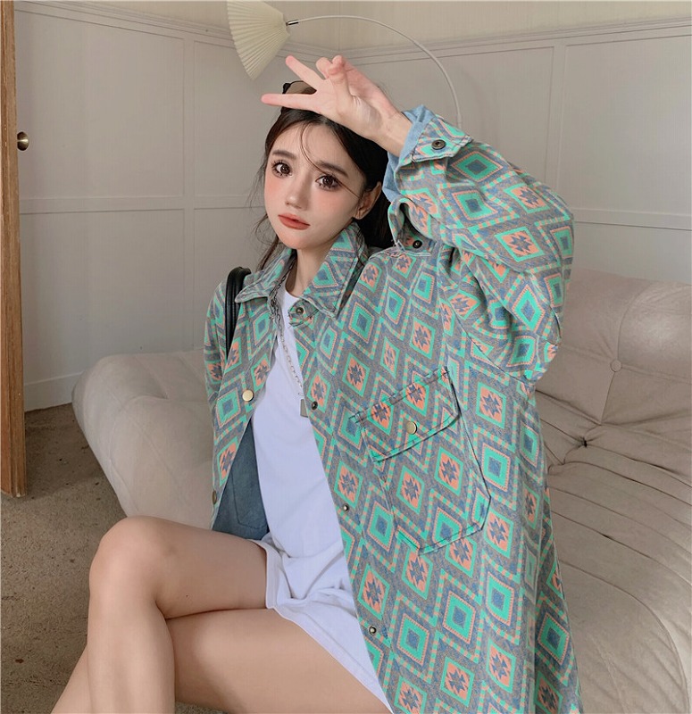 オルティガ チマヨ柄 デニム ジャケット ジージャン 韓国 ストリート ダンス衣装 HIPHOP オルチャン レディース 原宿系 Y2K 