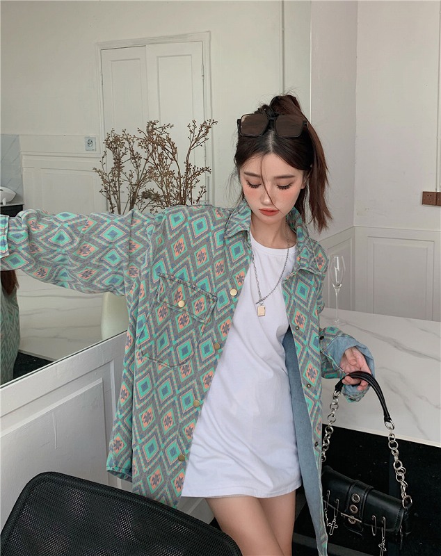 オルティガ チマヨ柄 デニム ジャケット ジージャン 韓国 ストリート ダンス衣装 HIPHOP オルチャン レディース 原宿系 Y2K 