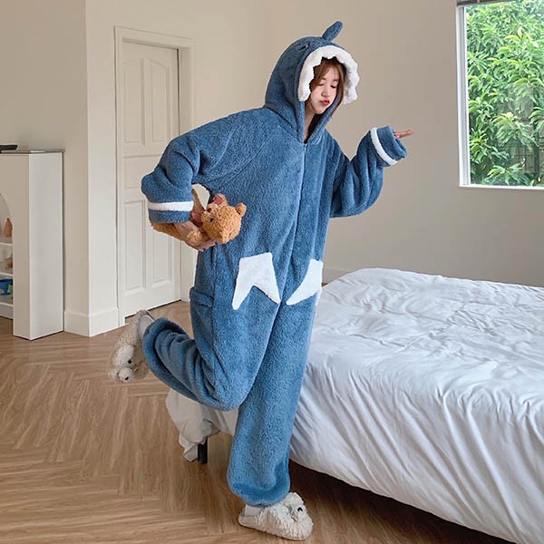 もこもこパジャマ オールインワン レディース サメ柄 冬 かわいい 大きいサイズ 寝間着 フード付き 長袖 ルームウェア 前開き 韓国 プレゼント 