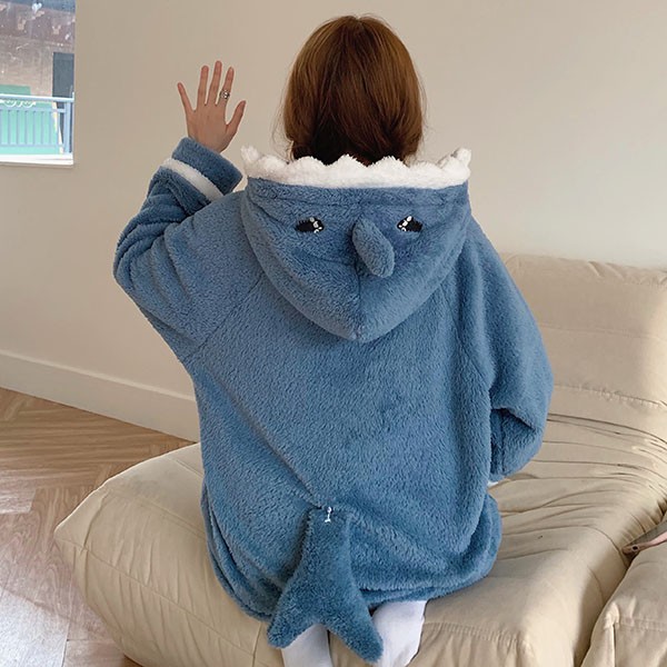 もこもこパジャマ オールインワン レディース サメ柄 冬 かわいい 大きいサイズ 寝間着 フード付き 長袖 ルームウェア 前開き 韓国 プレゼント 
