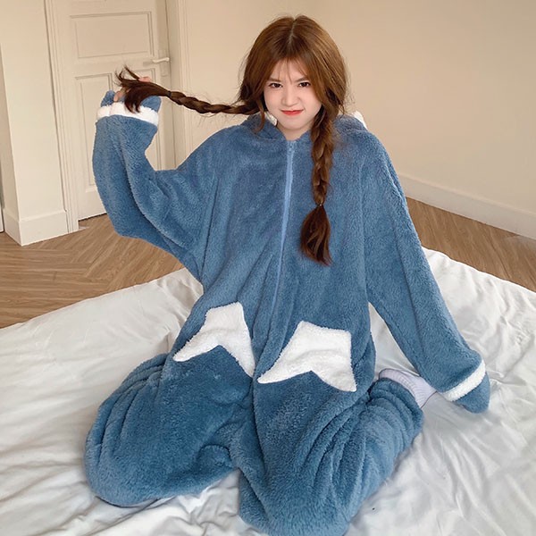 もこもこパジャマ オールインワン レディース サメ柄 冬 かわいい 大きいサイズ 寝間着 フード付き 長袖 ルームウェア 前開き 韓国 プレゼント 