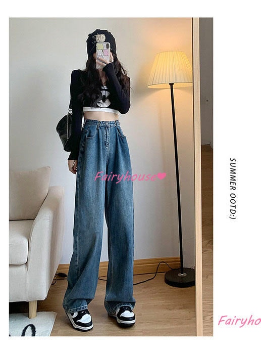 ジーンズ レディース デニムパンツ ストレート ジーパン ワイドパンツ 秋冬 ズボン 春夏 オシャレ30代 ゆったり着痩せ ハイウエスト ロングデニムワイドパンツ 