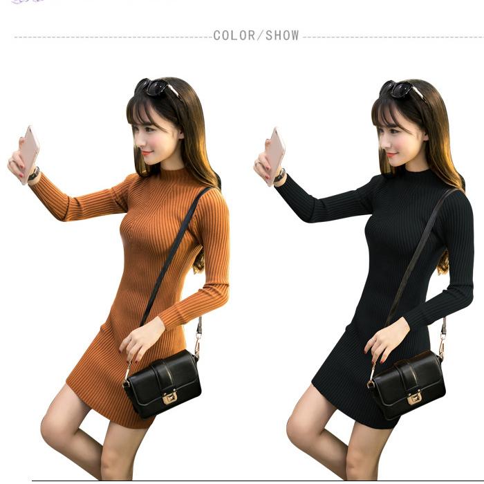 短納期！ハイネックニット ワンピース 秋冬 ニットワンピ 長袖 膝丈 無地 シンプル ひざ 洗える 洗濯 伸縮性 ロング 小顔 