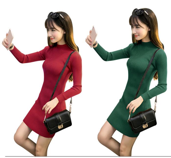 短納期！ハイネックニット ワンピース 秋冬 ニットワンピ 長袖 膝丈 無地 シンプル ひざ 洗える 洗濯 伸縮性 ロング 小顔 