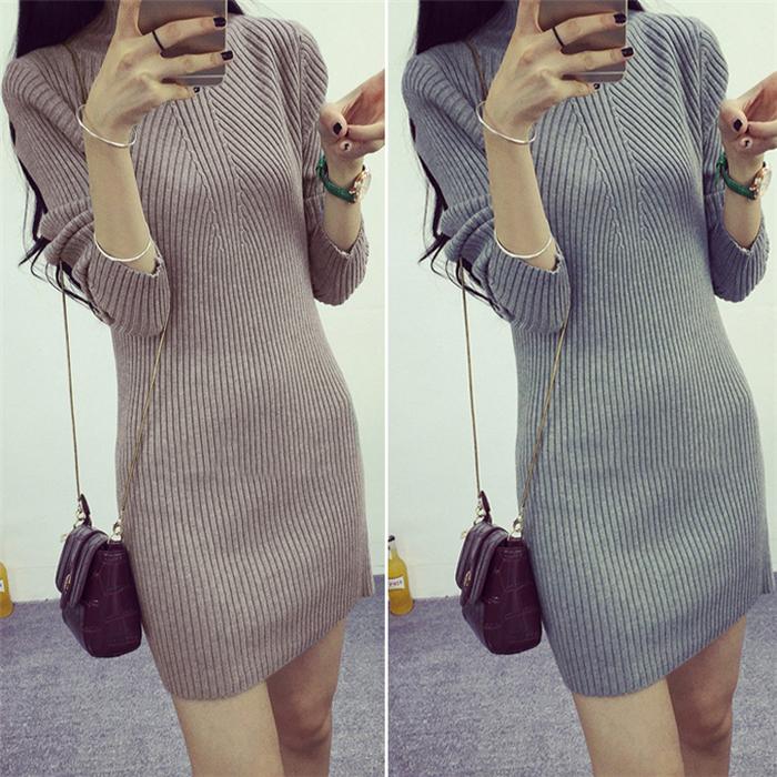 短納期！ハイネックニット ワンピース 秋冬 ニットワンピ 長袖 膝丈 無地 シンプル ひざ 洗える 洗濯 伸縮性 ロング 小顔 
