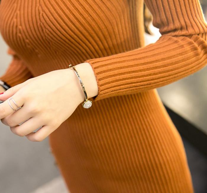 短納期！ハイネックニット ワンピース 秋冬 ニットワンピ 長袖 膝丈 無地 シンプル ひざ 洗える 洗濯 伸縮性 ロング 小顔 