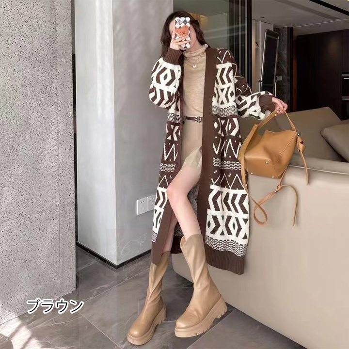 カーディガン ニットカーディガン 幾何学 ロングカーディガン アウター レディース 秋冬 ざっくり あすつく 羽織物 トップス 長袖 送料無料 