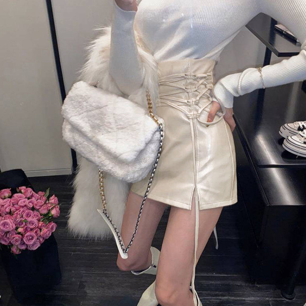 ハイウエスト レザースカートレースアップ 。可  