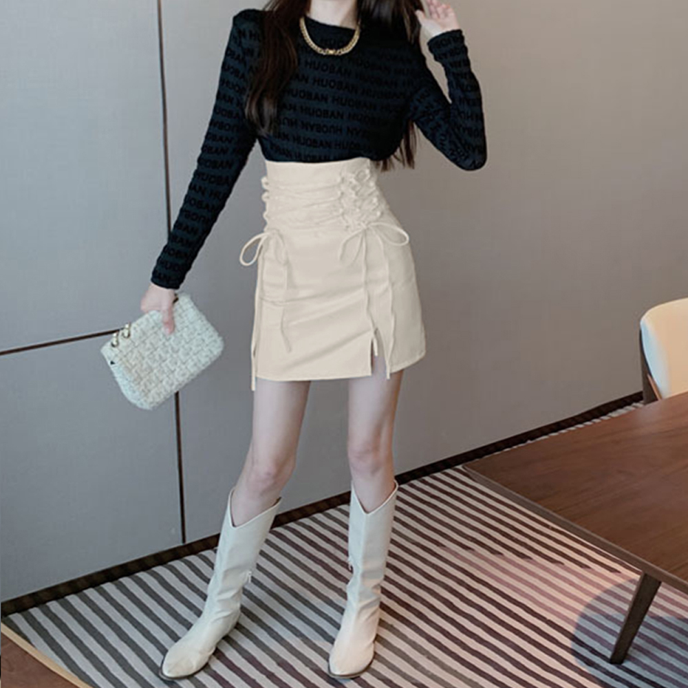 ハイウエスト レザースカートレースアップ 。可  