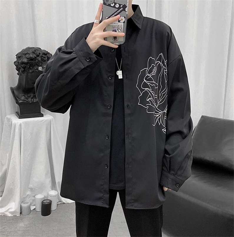 メンズ シャツ カジュアルシャツ 長袖 ワーク ワイシャツ 白黒 花柄 春秋 ダンスウェア スタイリッシュ 公演 発表会 男子トップス 上着 バラ 