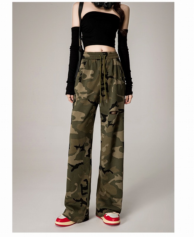 カモフラ 迷彩柄 スリット ダメージ ロングパンツ 韓国 K-POP 原宿系 ストリート ダンス 衣装 レディース HIPHOP 