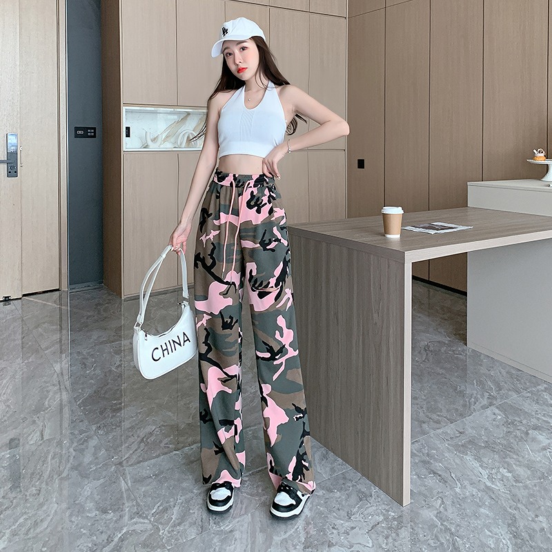 カモフラ 迷彩柄 スリット ダメージ ロングパンツ 韓国 K-POP 原宿系 ストリート ダンス 衣装 レディース HIPHOP 