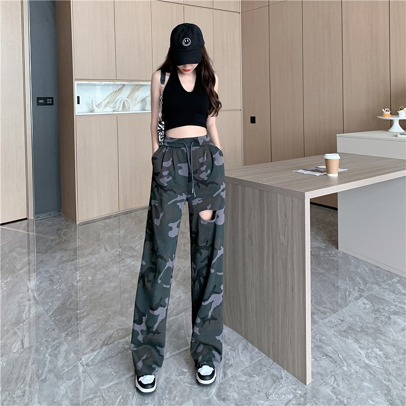 カモフラ 迷彩柄 スリット ダメージ ロングパンツ 韓国 K-POP 原宿系 ストリート ダンス 衣装 レディース HIPHOP 