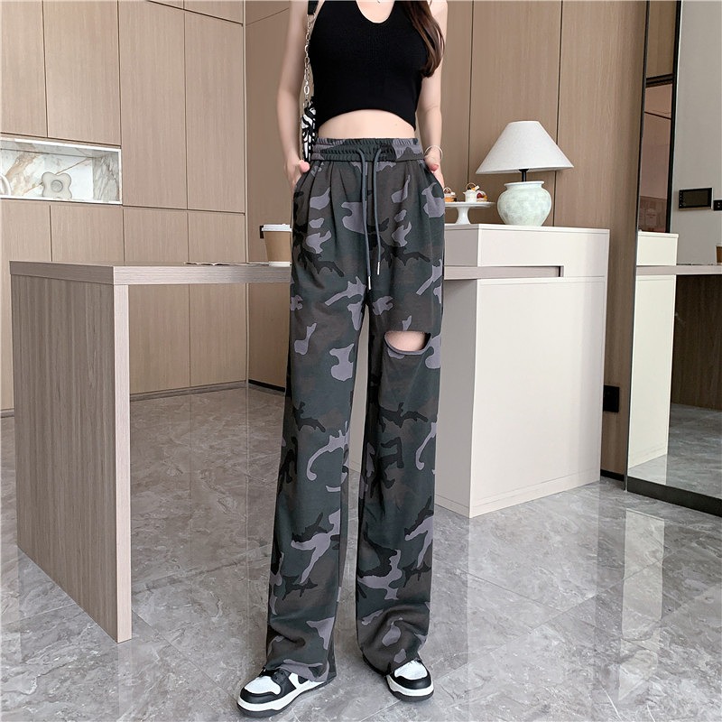 カモフラ 迷彩柄 スリット ダメージ ロングパンツ 韓国 K-POP 原宿系 ストリート ダンス 衣装 レディース HIPHOP 