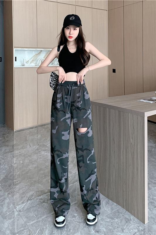 カモフラ 迷彩柄 スリット ダメージ ロングパンツ 韓国 K-POP 原宿系 ストリート ダンス 衣装 レディース HIPHOP 
