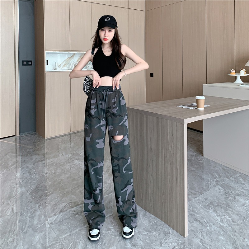カモフラ 迷彩柄 スリット ダメージ ロングパンツ 韓国 K-POP 原宿系 ストリート ダンス 衣装 レディース HIPHOP 