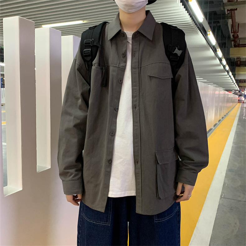 メンズ シャツ カジュアルシャツ 長袖 ワーク 無地 男子トップス 外套 通勤 春秋 上着 普段着 スクール お出掛け 通学 アウター ポケット 