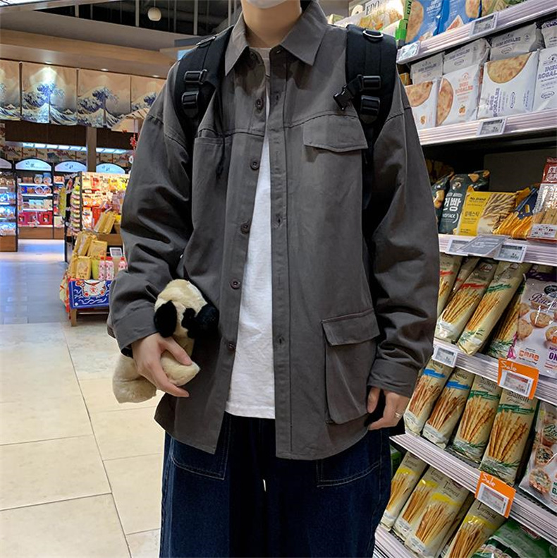 メンズ シャツ カジュアルシャツ 長袖 ワーク 無地 男子トップス 外套 通勤 春秋 上着 普段着 スクール お出掛け 通学 アウター ポケット 