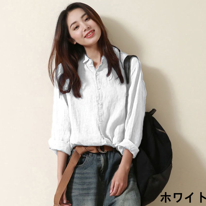 お取り寄せ商品 シャツ レディース ブラウス 長袖 6色展開 トップス リネン リンネル リネンブラウス Ｓ-2XL リネンシャツ ゆった 棉麻 レトロ 文芸風 シンプル 