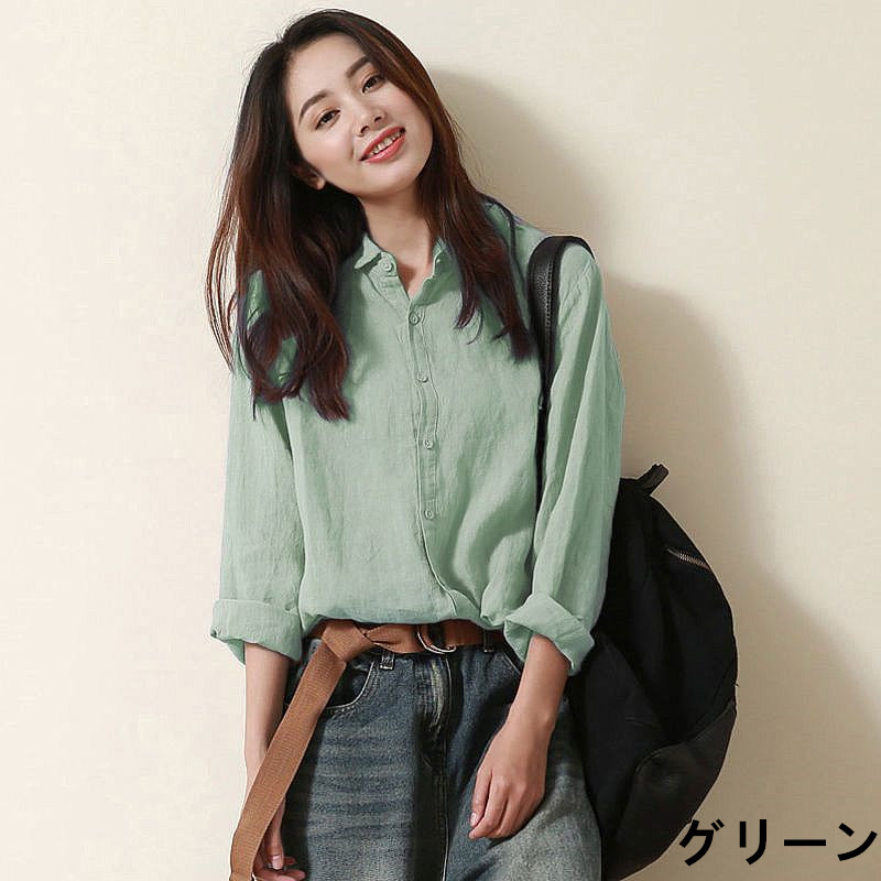 お取り寄せ商品 シャツ レディース ブラウス 長袖 6色展開 トップス リネン リンネル リネンブラウス Ｓ-2XL リネンシャツ ゆった 棉麻 レトロ 文芸風 シンプル 