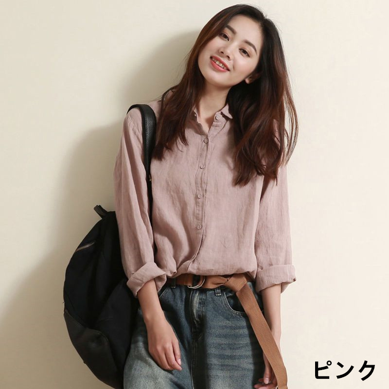 お取り寄せ商品 シャツ レディース ブラウス 長袖 6色展開 トップス リネン リンネル リネンブラウス Ｓ-2XL リネンシャツ ゆった 棉麻 レトロ 文芸風 シンプル 