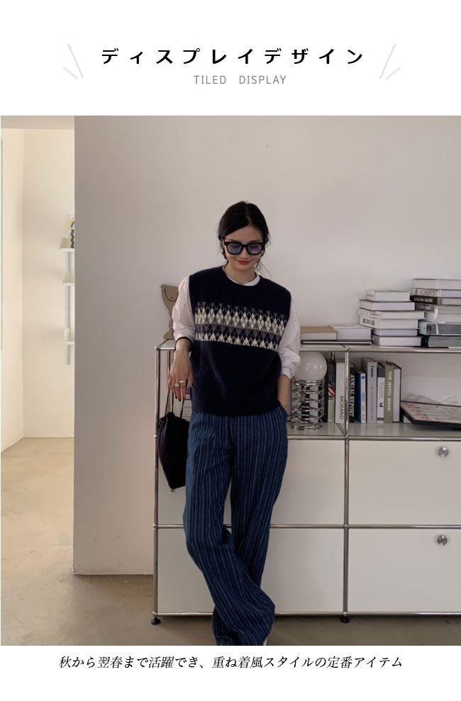 送料無料 ニットベスト レディース ベスト プルーオーバー チェック柄 プルベスト スクールベスト ニット ニットジレ レトロ クルーネック ジレベスト 菱柄 