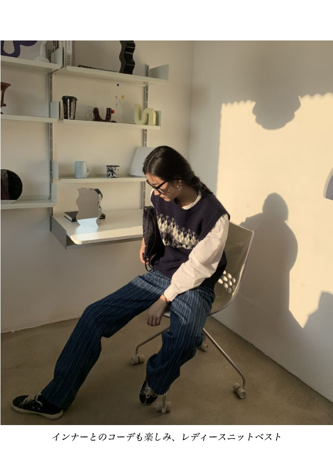 送料無料 ニットベスト レディース ベスト プルーオーバー チェック柄 プルベスト スクールベスト ニット ニットジレ レトロ クルーネック ジレベスト 菱柄 