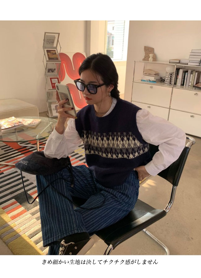 送料無料 ニットベスト レディース ベスト プルーオーバー チェック柄 プルベスト スクールベスト ニット ニットジレ レトロ クルーネック ジレベスト 菱柄 