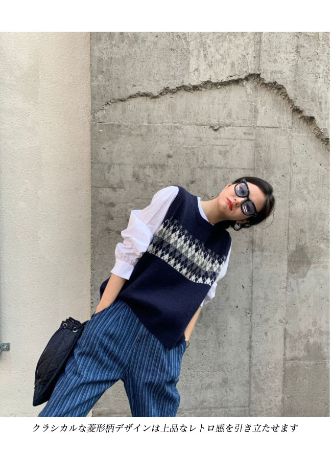 送料無料 ニットベスト レディース ベスト プルーオーバー チェック柄 プルベスト スクールベスト ニット ニットジレ レトロ クルーネック ジレベスト 菱柄 