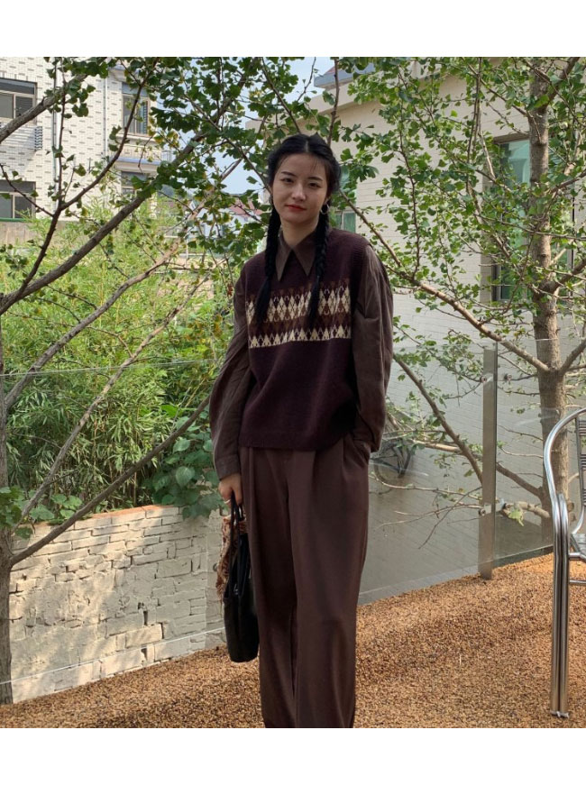 送料無料 ニットベスト レディース ベスト プルーオーバー チェック柄 プルベスト スクールベスト ニット ニットジレ レトロ クルーネック ジレベスト 菱柄 