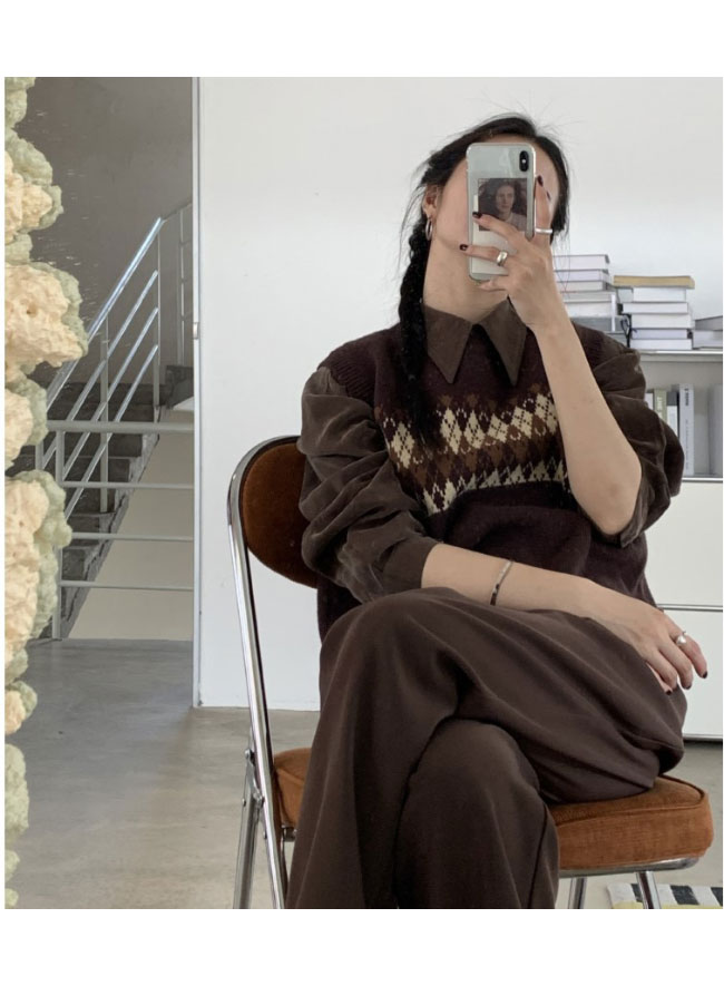 送料無料 ニットベスト レディース ベスト プルーオーバー チェック柄 プルベスト スクールベスト ニット ニットジレ レトロ クルーネック ジレベスト 菱柄 