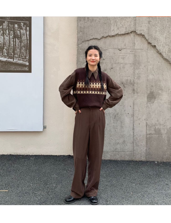 送料無料 ニットベスト レディース ベスト プルーオーバー チェック柄 プルベスト スクールベスト ニット ニットジレ レトロ クルーネック ジレベスト 菱柄 