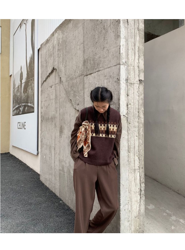 送料無料 ニットベスト レディース ベスト プルーオーバー チェック柄 プルベスト スクールベスト ニット ニットジレ レトロ クルーネック ジレベスト 菱柄 