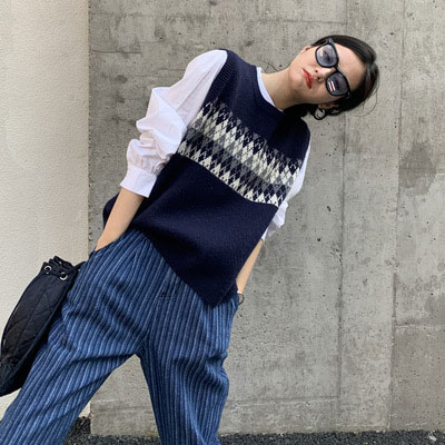 送料無料 ニットベスト レディース ベスト プルーオーバー チェック柄 プルベスト スクールベスト ニット ニットジレ レトロ クルーネック ジレベスト 菱柄 