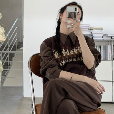 送料無料 ニットベスト レディース ベスト プルーオーバー チェック柄 プルベスト スクールベスト ニット ニットジレ レトロ クルーネック ジレベスト 菱柄 