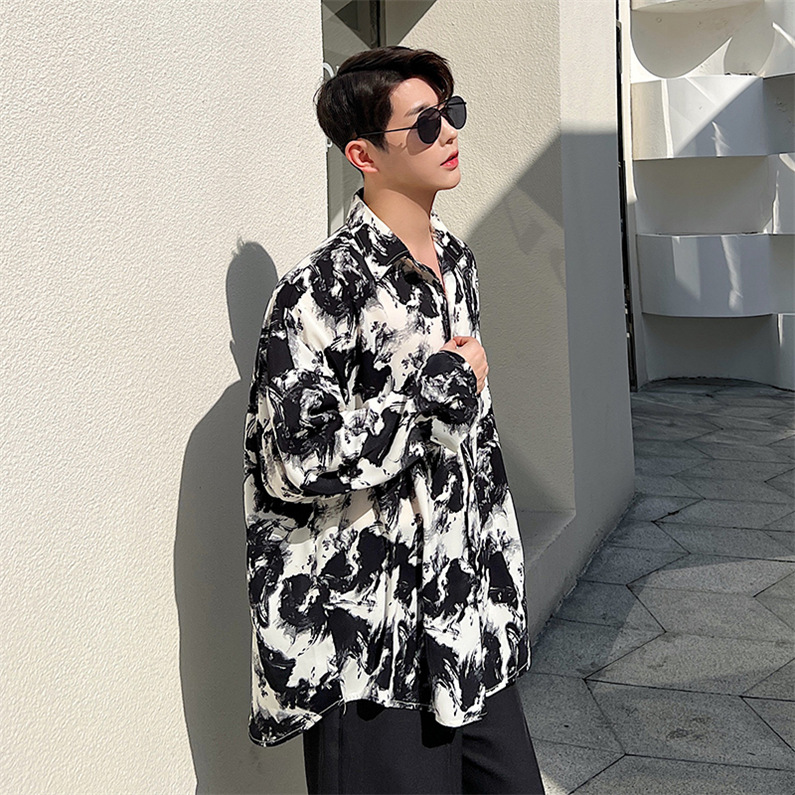 メンズ シャツ カジュアルシャツ 長袖 柄物 白黒 ゆったり クラブ 公演 男子トップス ワーク スタイリッシュ 発表会 上着 ダンスウェア 春秋 