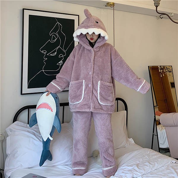 もこもこパジャマ ナイトガウン レディース サメ柄 冬 かわいい フード付き プレゼント 前開き 韓国 結婚祝い ルームウェア 長袖 部屋着 