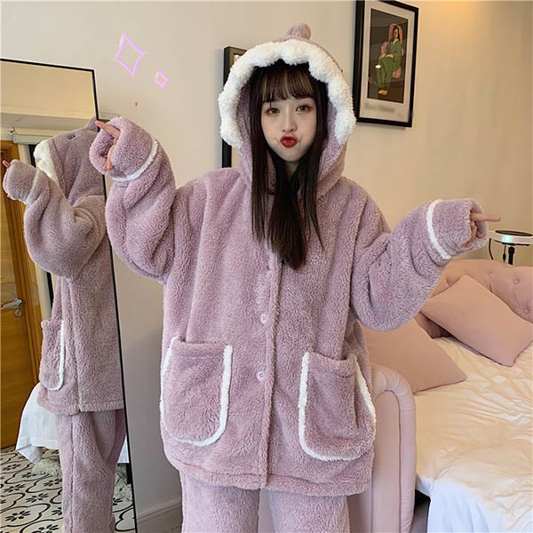 もこもこパジャマ ナイトガウン レディース サメ柄 冬 かわいい フード付き プレゼント 前開き 韓国 結婚祝い ルームウェア 長袖 部屋着 