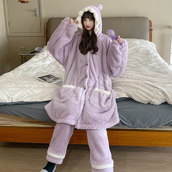 もこもこパジャマ ナイトガウン レディース サメ柄 冬 かわいい フード付き プレゼント 前開き 韓国 結婚祝い ルームウェア 長袖 部屋着 