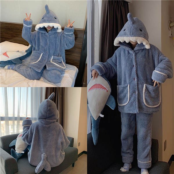 もこもこパジャマ ナイトガウン レディース サメ柄 冬 かわいい フード付き プレゼント 前開き 韓国 結婚祝い ルームウェア 長袖 部屋着 