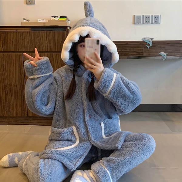 もこもこパジャマ ナイトガウン レディース サメ柄 冬 かわいい フード付き プレゼント 前開き 韓国 結婚祝い ルームウェア 長袖 部屋着 