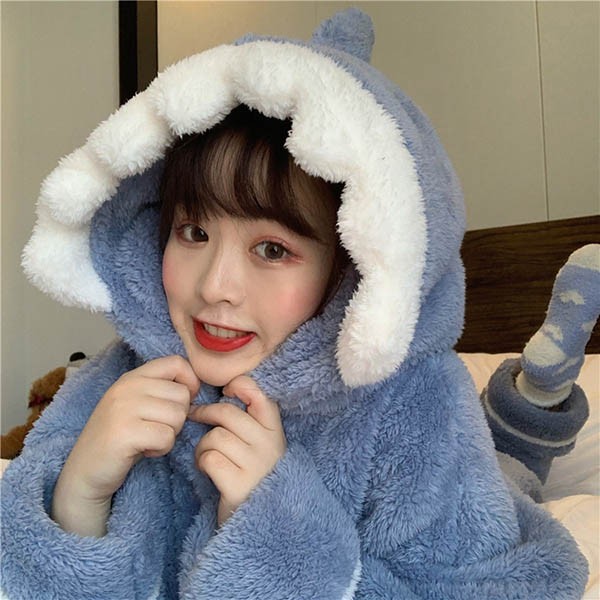 もこもこパジャマ ナイトガウン レディース サメ柄 冬 かわいい フード付き プレゼント 前開き 韓国 結婚祝い ルームウェア 長袖 部屋着 