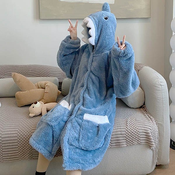 もこもこパジャマ ナイトガウン レディース サメ柄 冬 かわいい フード付き プレゼント 前開き 韓国 結婚祝い ルームウェア 長袖 部屋着 