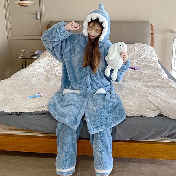 もこもこパジャマ ナイトガウン レディース サメ柄 冬 かわいい フード付き プレゼント 前開き 韓国 結婚祝い ルームウェア 長袖 部屋着 