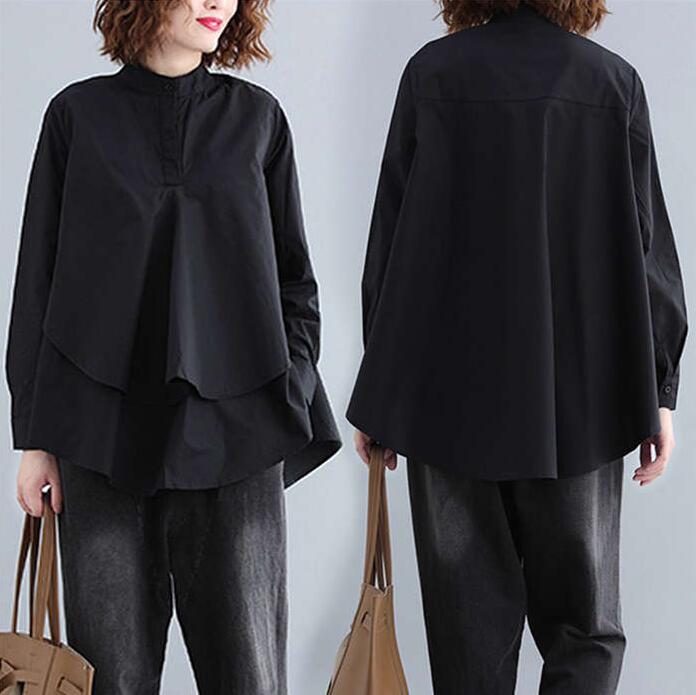 シャツ レディース ブラウス 黒 長袖 立ち襟 シャツブラウス Aライン 通勤 レイヤード風 秋 フ春 長袖 トップス 無地 オフィス 